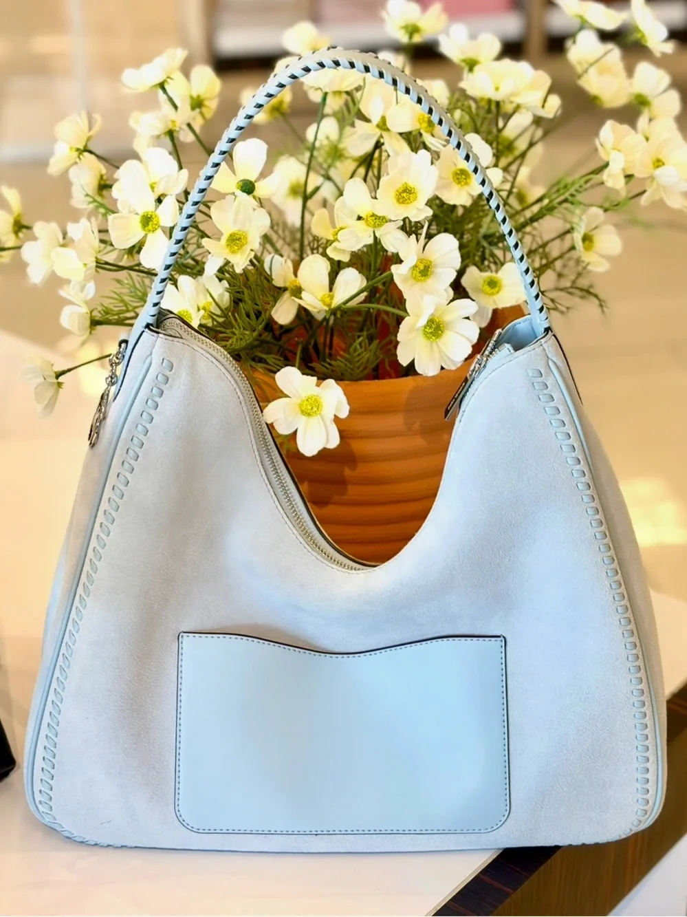 MICHAEL KORS Nayla Medium Suede Hobo Shoulder Bag Pale Blue  NWT